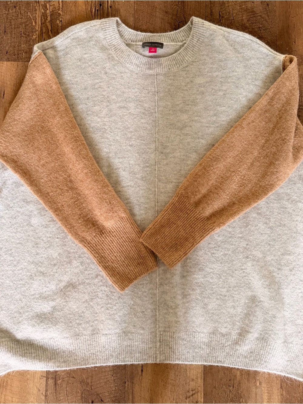Vince Camuto Two-Tone Crewneck Sweater in Light Beige and Camel Sleeves